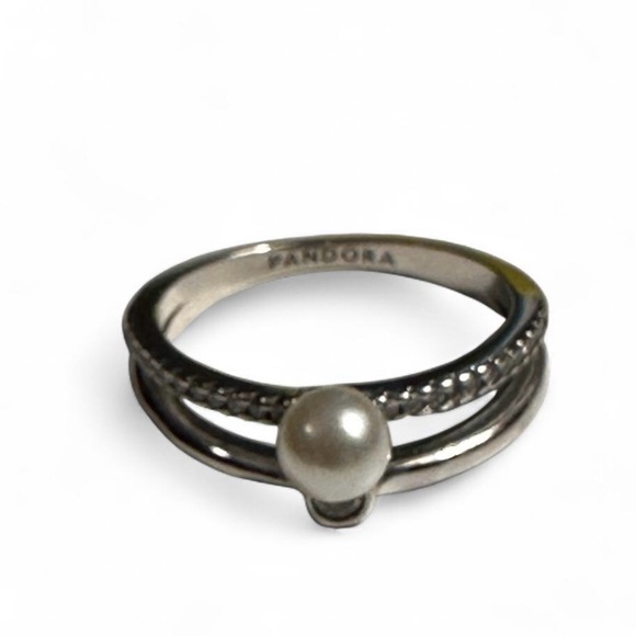 Pandora Silver Freshwater Cultured Pearl Pave Double Band Ring Size 5 NWT - Picture 4 of 8